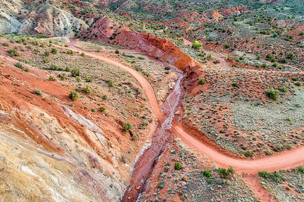 Onion Creek Road 003 - canyon road crosses a stream - Onion Creek near Moab, Utah - aerial perspective